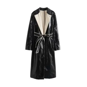 Pre Order:  Contrast Lapel Vegan Leather Coat