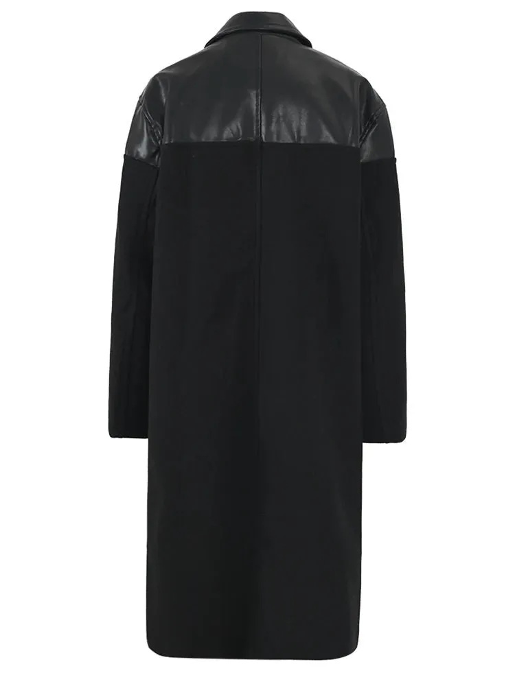 Pre Order:  Vegan Leather Spliced Woolen Coat