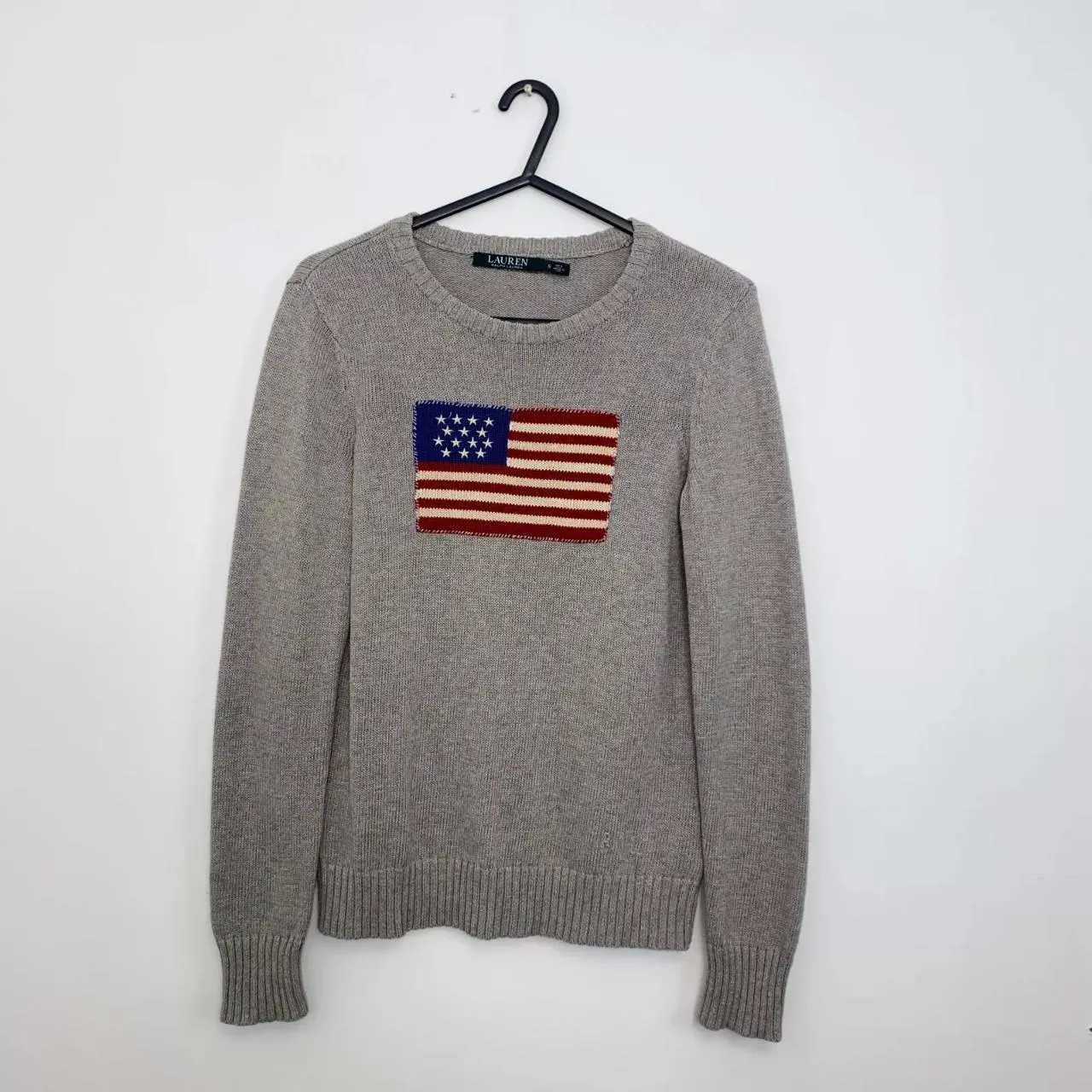 Preowned Ralph Lauren Womens Knit Flag Jumper Size S Grey USA American Crewneck Sweater [More lightweight].