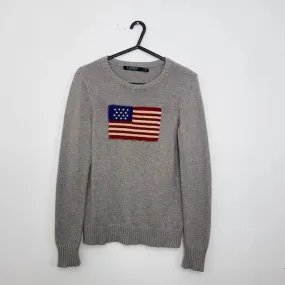 Preowned Ralph Lauren Womens Knit Flag Jumper Size S Grey USA American Crewneck Sweater [More lightweight].