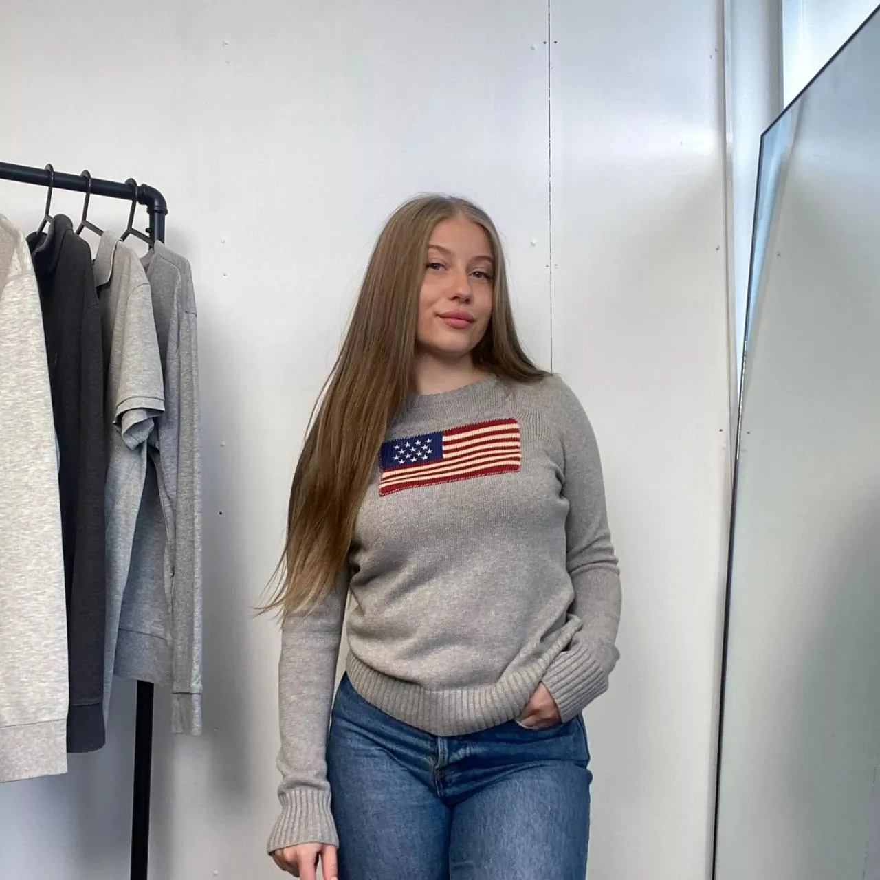 Preowned Ralph Lauren Womens Knit Flag Jumper Size S Grey USA American Crewneck Sweater [More lightweight].