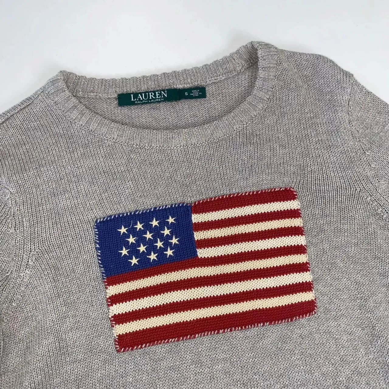 Preowned Ralph Lauren Womens Knit Flag Jumper Size S Grey USA American Crewneck Sweater [More lightweight].