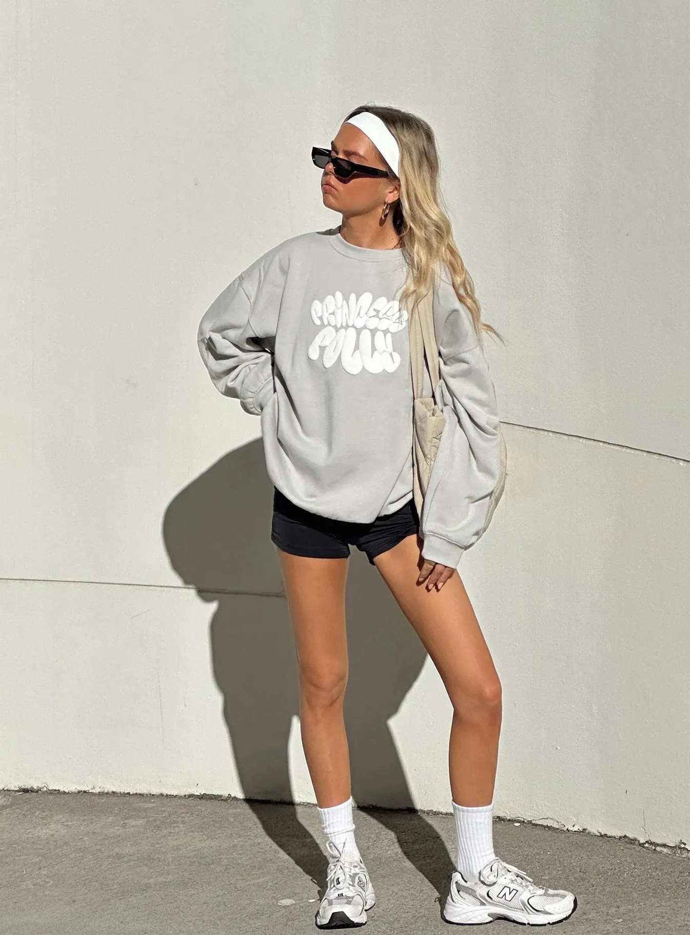 Princess Polly Crew Neck Sweatshirt Bubble Text Grey / Cloud White