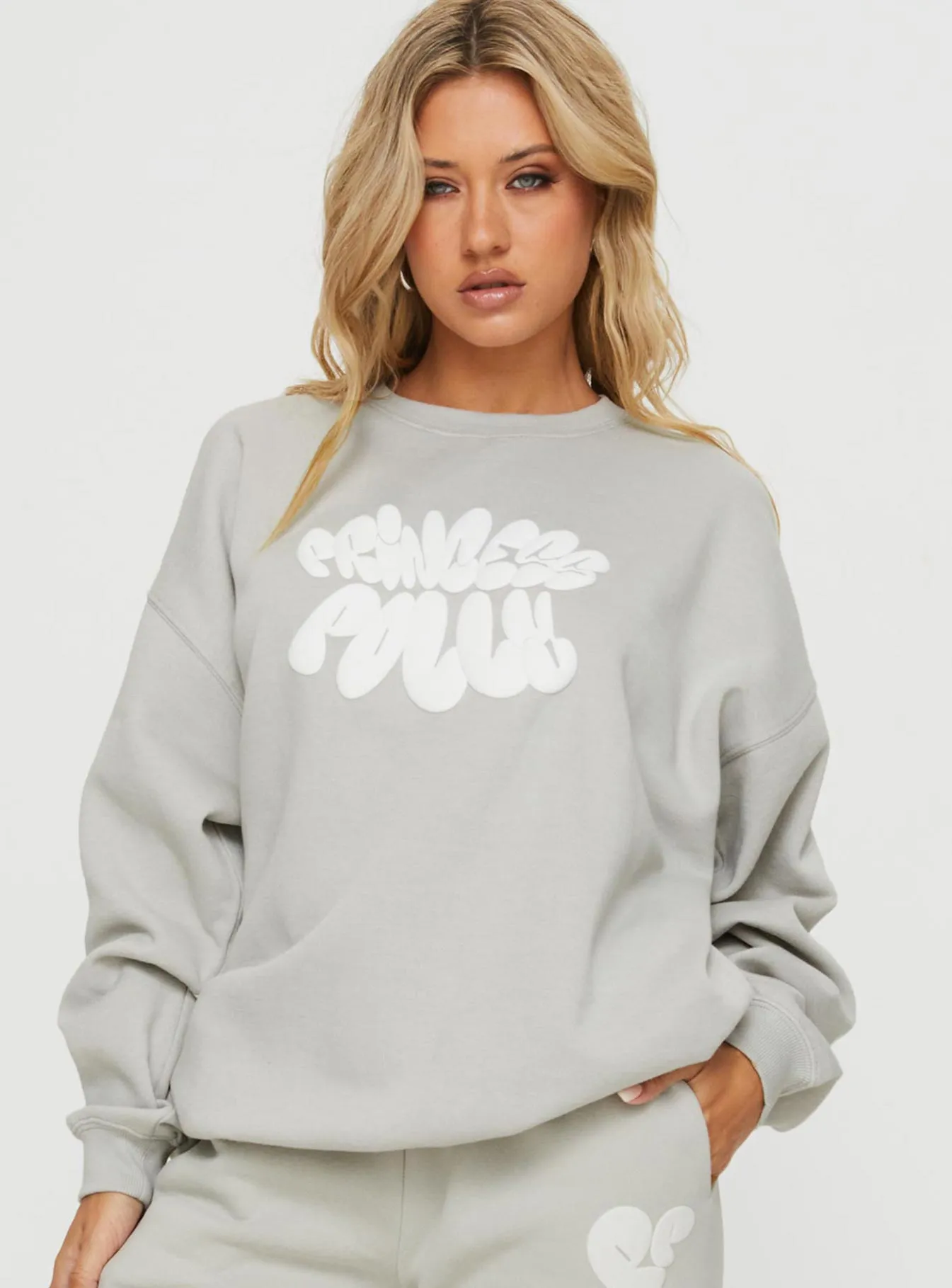 Princess Polly Crew Neck Sweatshirt Bubble Text Grey / Cloud White