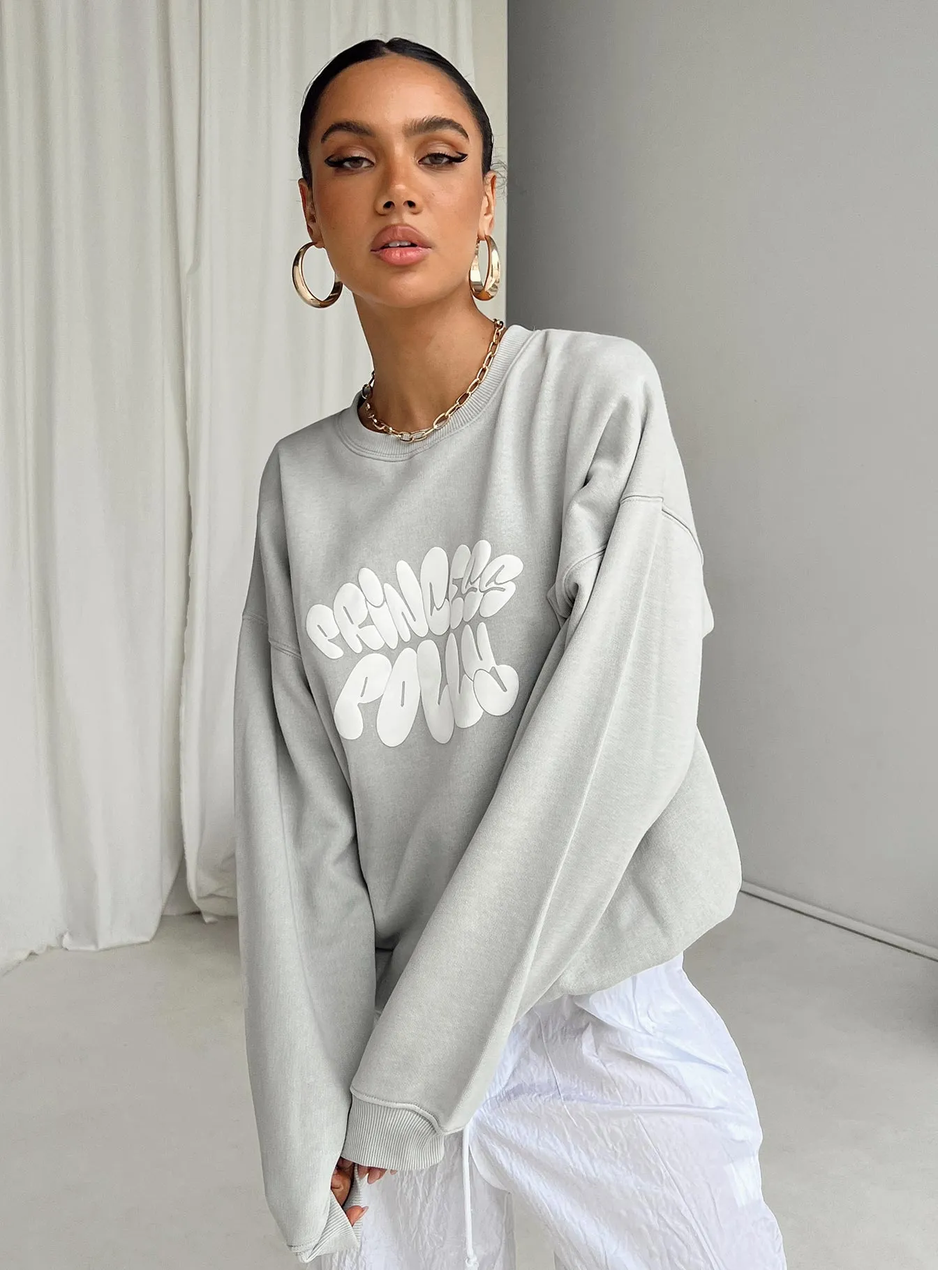 Princess Polly Crew Neck Sweatshirt Bubble Text Grey / Cloud White