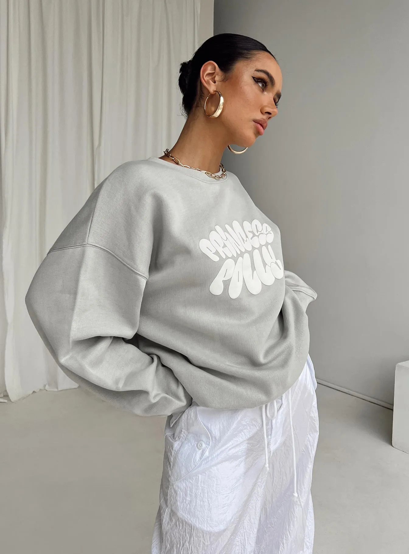 Princess Polly Crew Neck Sweatshirt Bubble Text Grey / Cloud White