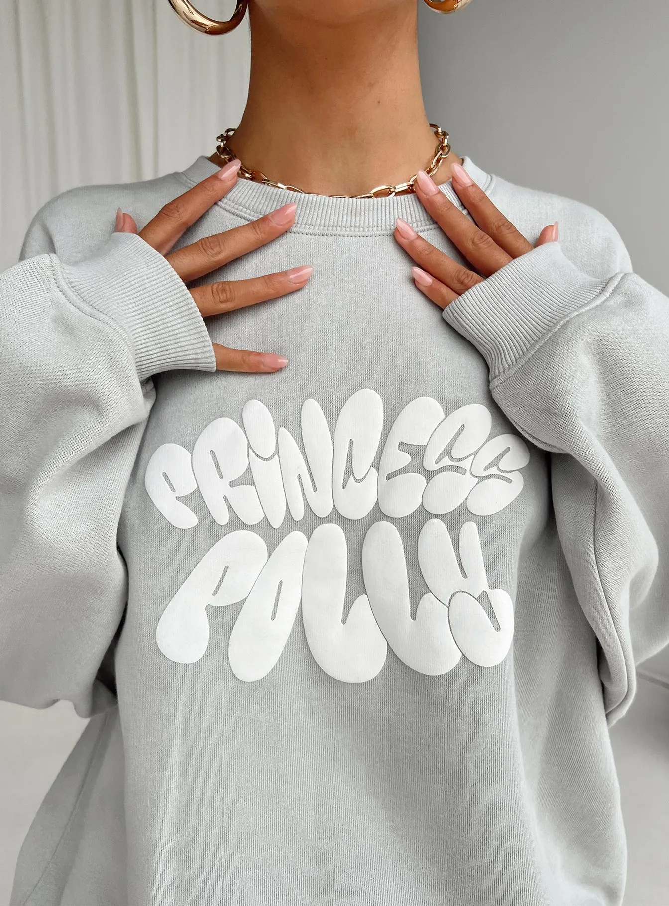 Princess Polly Crew Neck Sweatshirt Bubble Text Grey / Cloud White