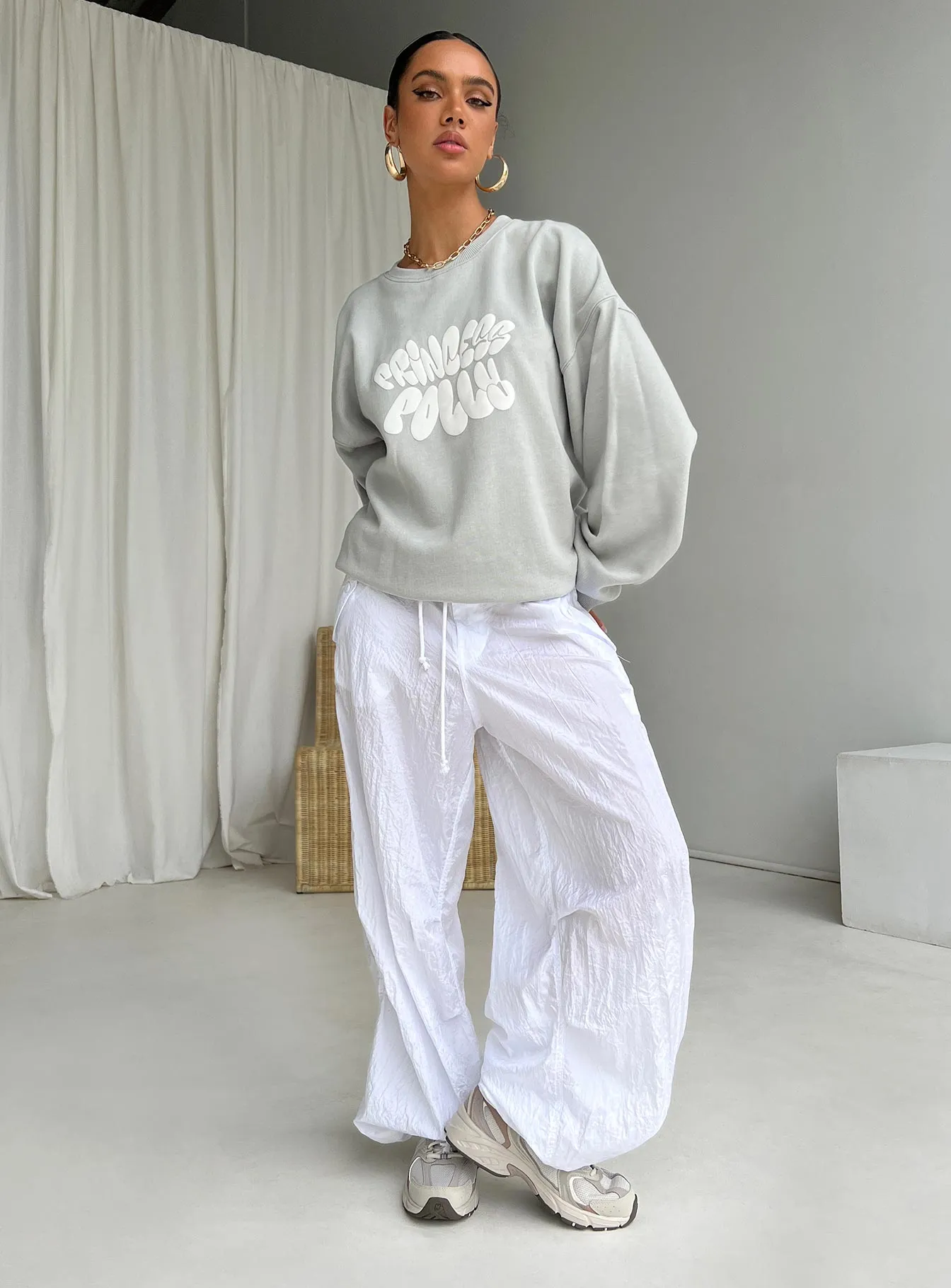 Princess Polly Crew Neck Sweatshirt Bubble Text Grey / Cloud White