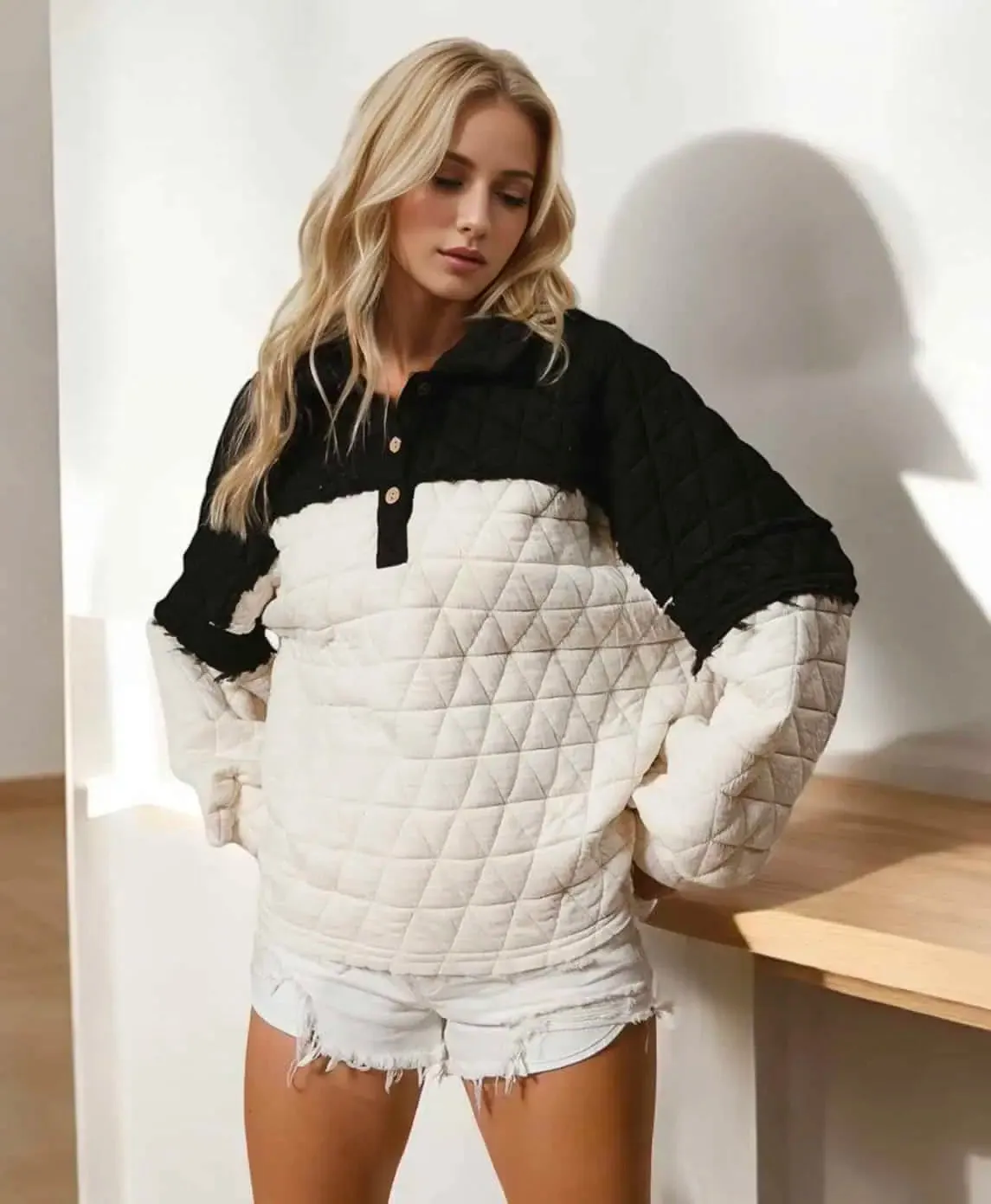 Quarter Button Contrast Long Sleeve Quilted Sweatshirt