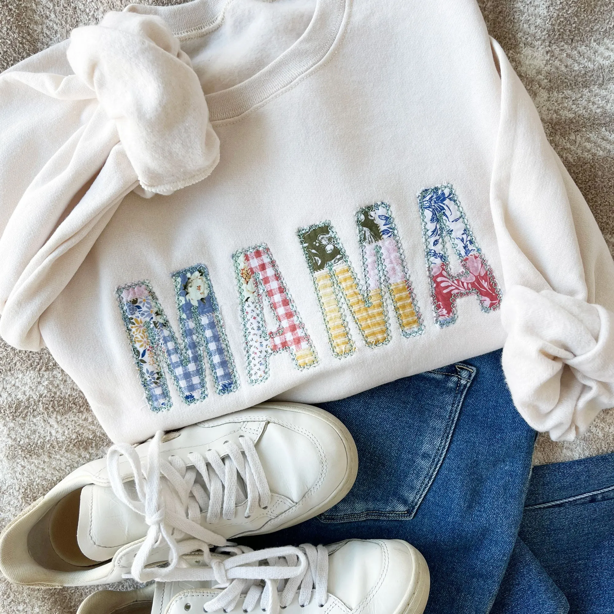 Quilted Patchwork MAMA Crewneck Sweatshirt