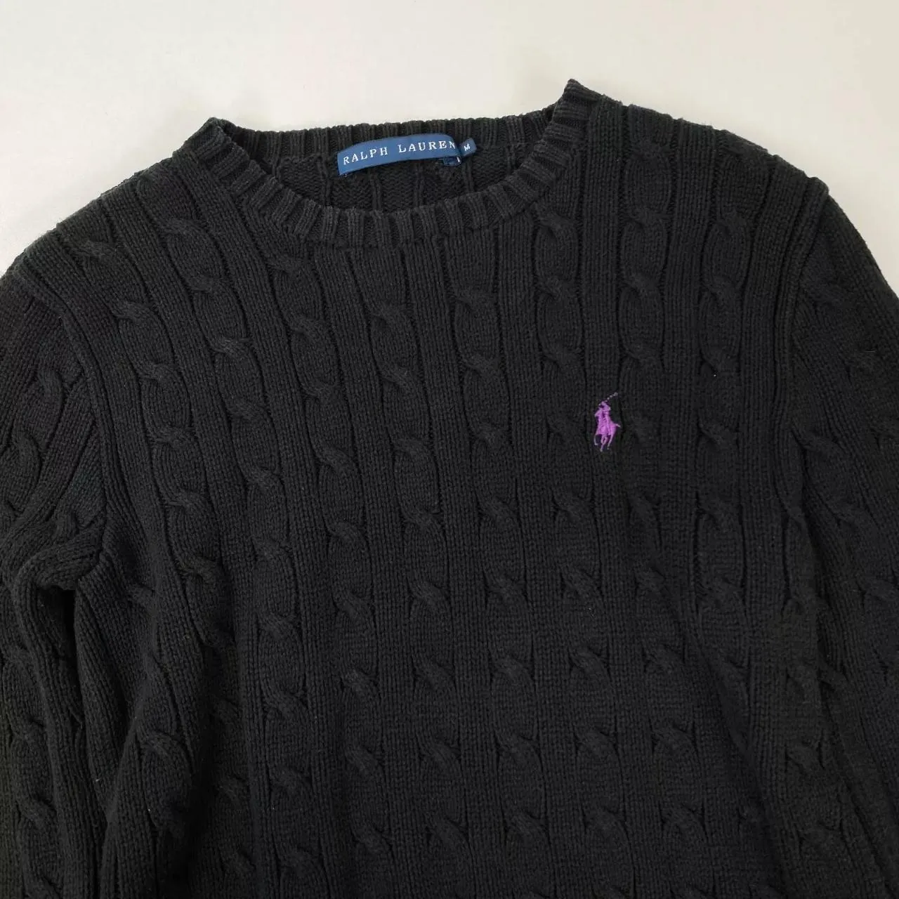 Ralph Lauren Womens Cable-Knit Jumper Size M Black Crewneck Sweater Logo.