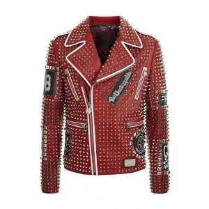 Red Studded Punk Men Leather Jacket With Embroidery Patches