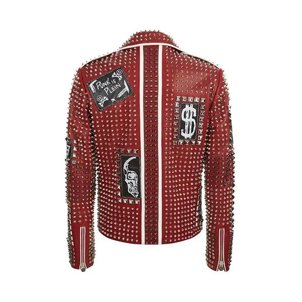 Red Studded Punk Men Leather Jacket With Embroidery Patches