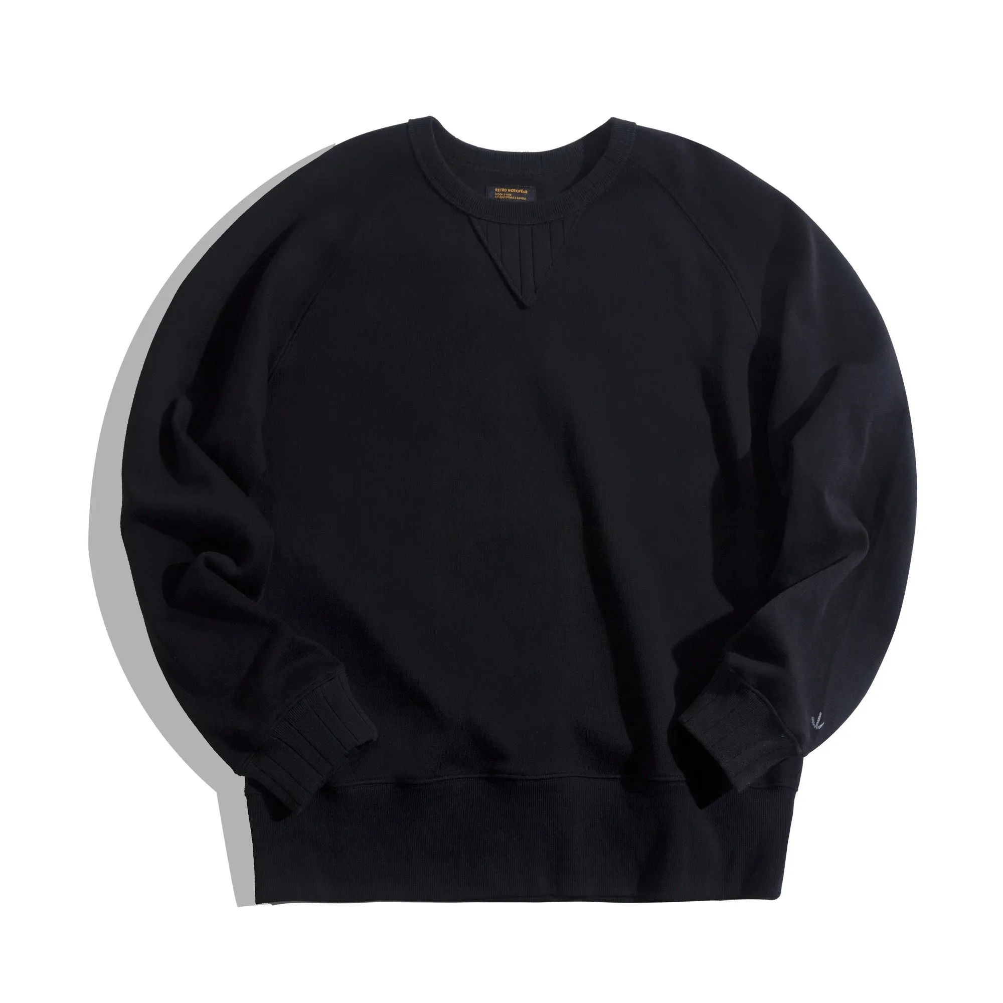 Retro Solid Round Neck Sweatshirt and Amekaji Black Coat - Men's Fashion