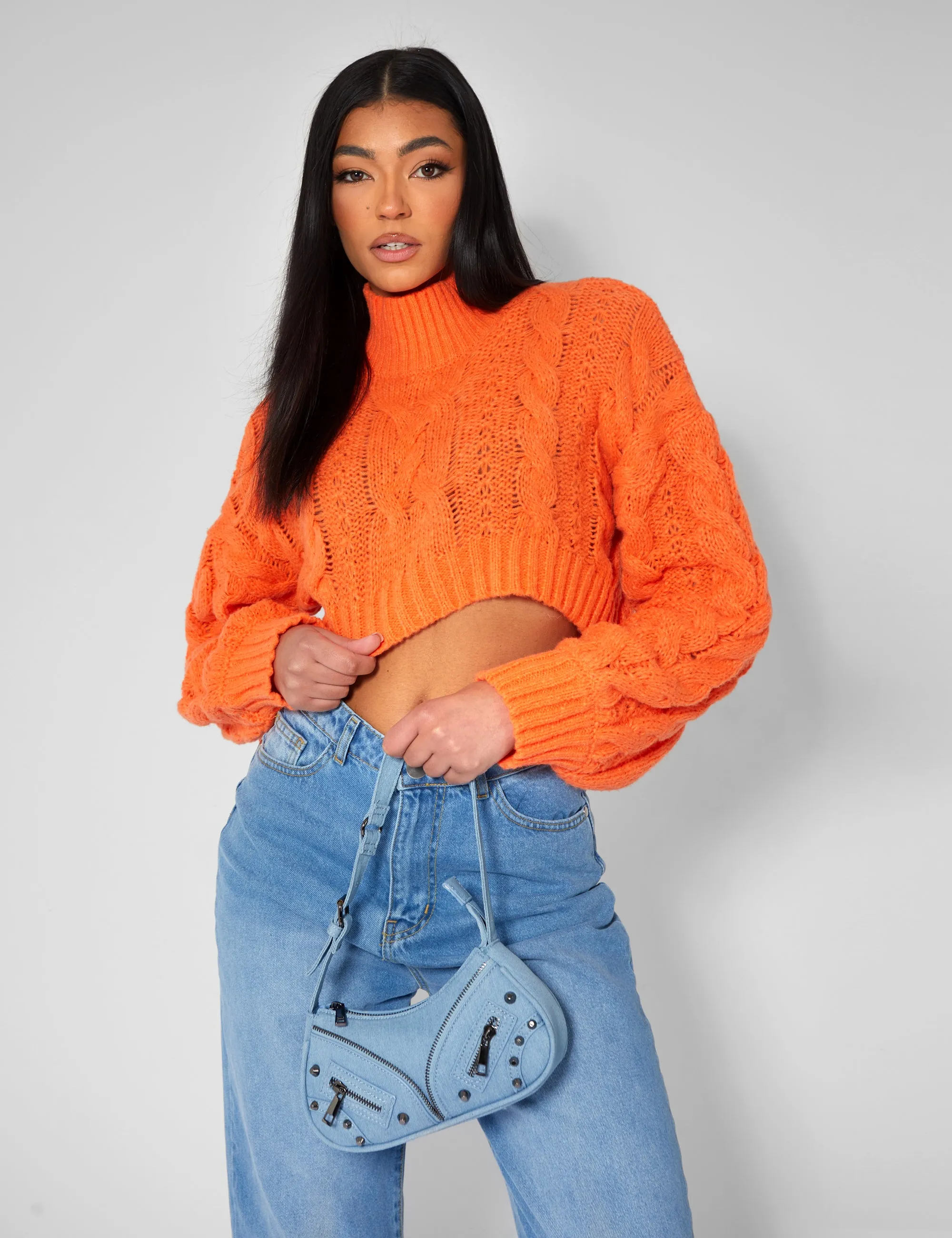 Roll Neck Cropped Cable Knitted Jumper Orange