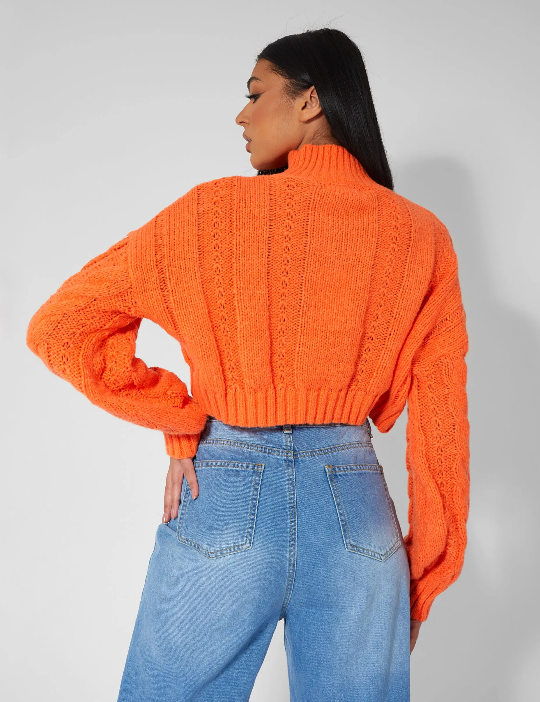 Roll Neck Cropped Cable Knitted Jumper Orange