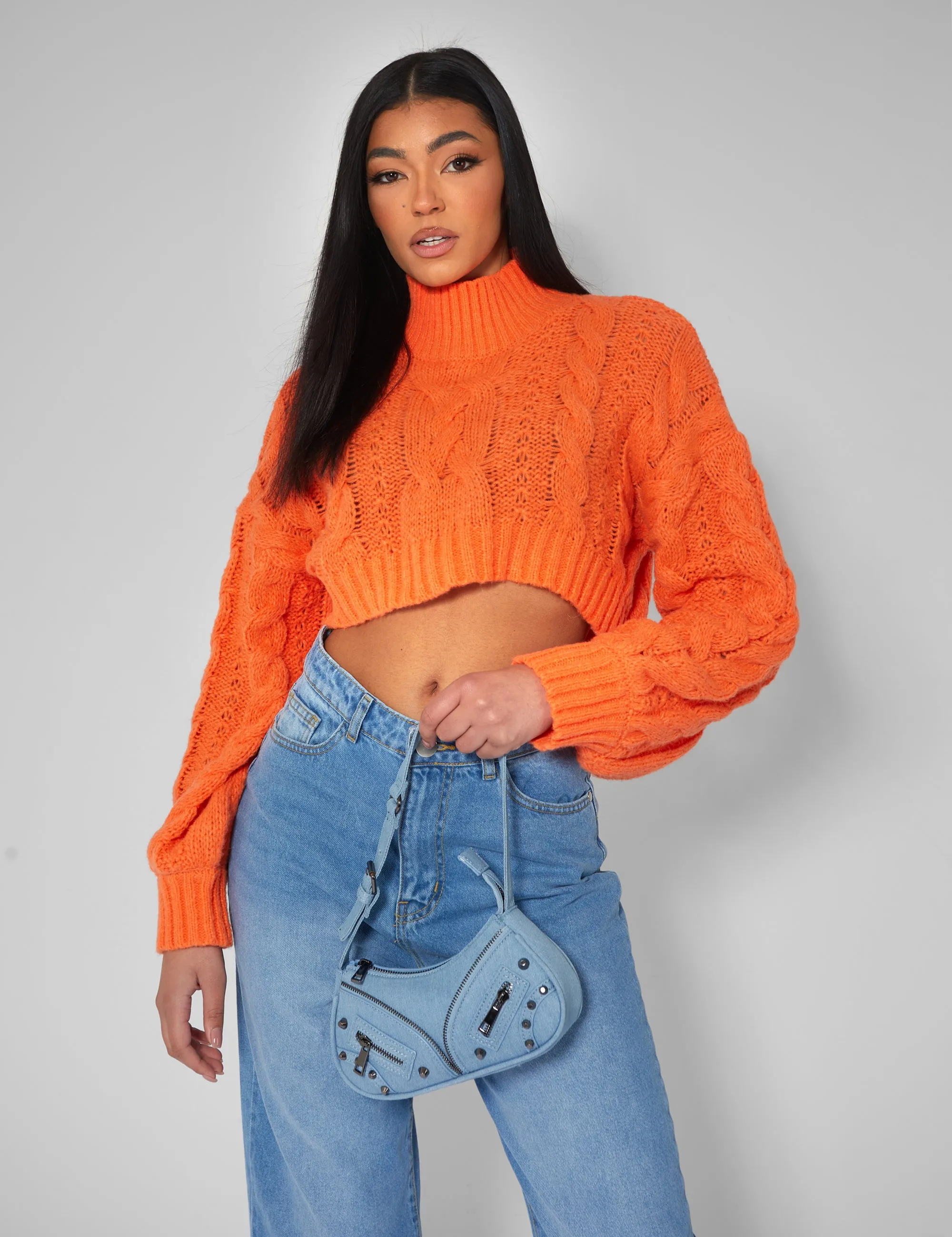 Roll Neck Cropped Cable Knitted Jumper Orange