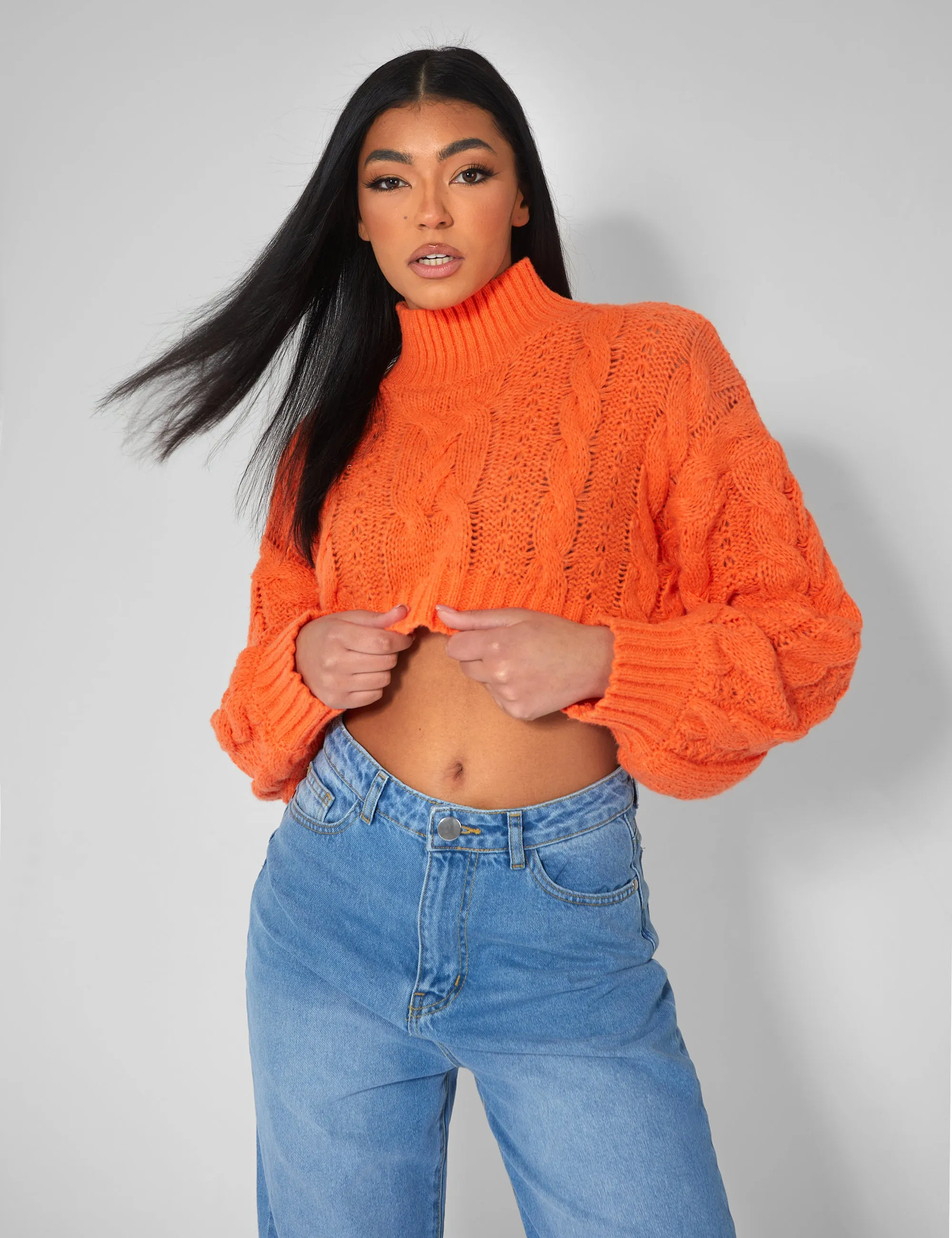 Roll Neck Cropped Cable Knitted Jumper Orange