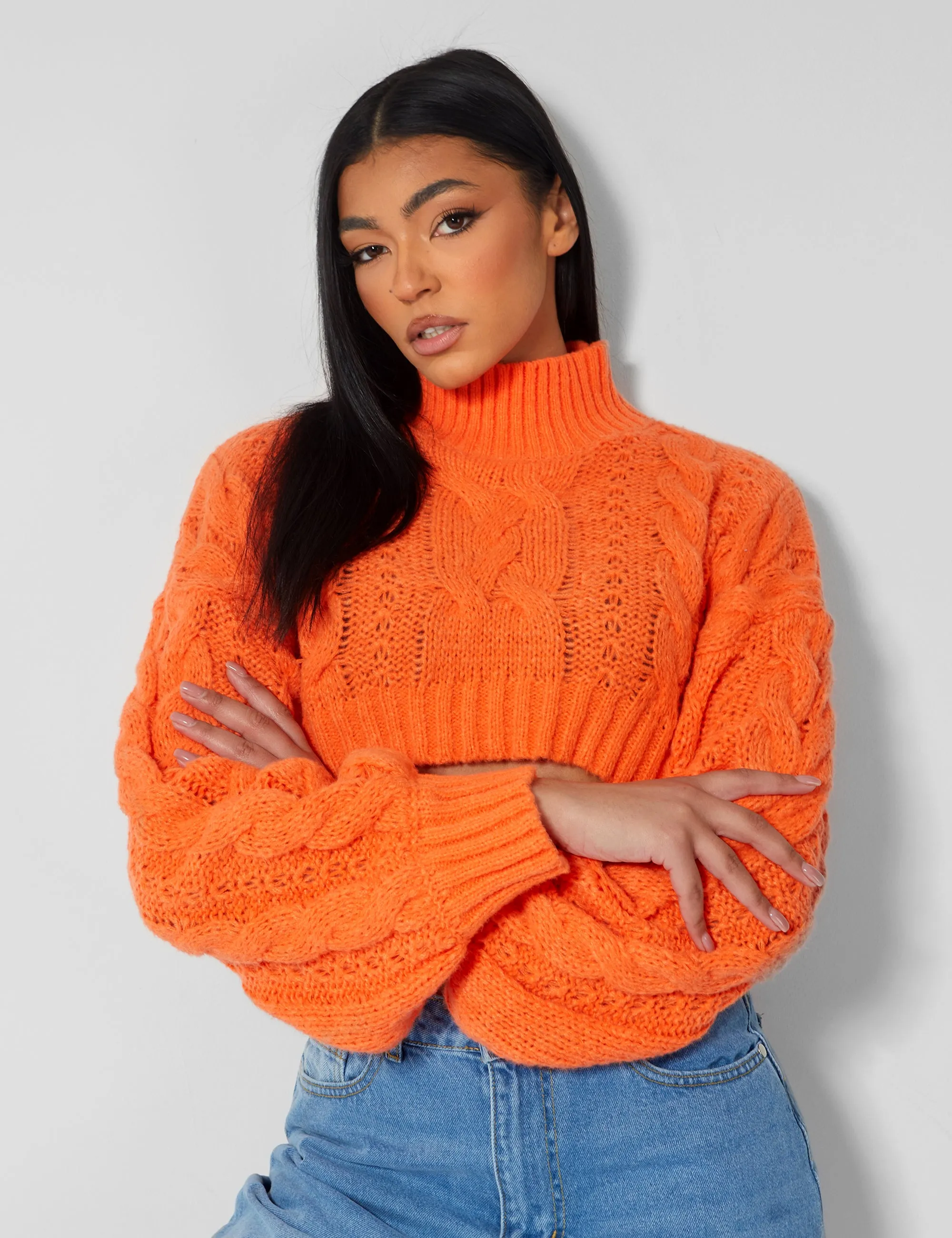 Roll Neck Cropped Cable Knitted Jumper Orange