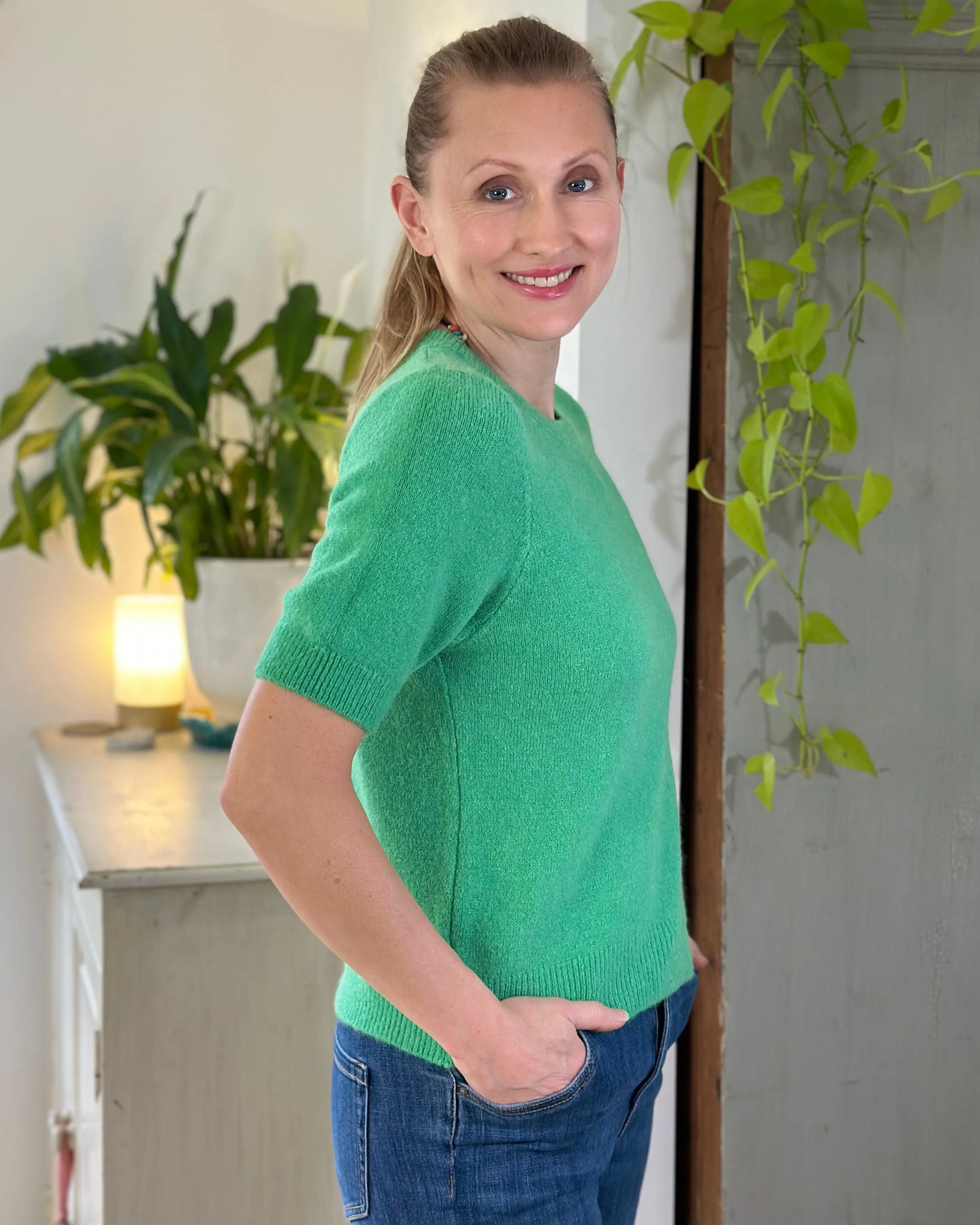 Round Neck Short Sleeve Jumper - Green