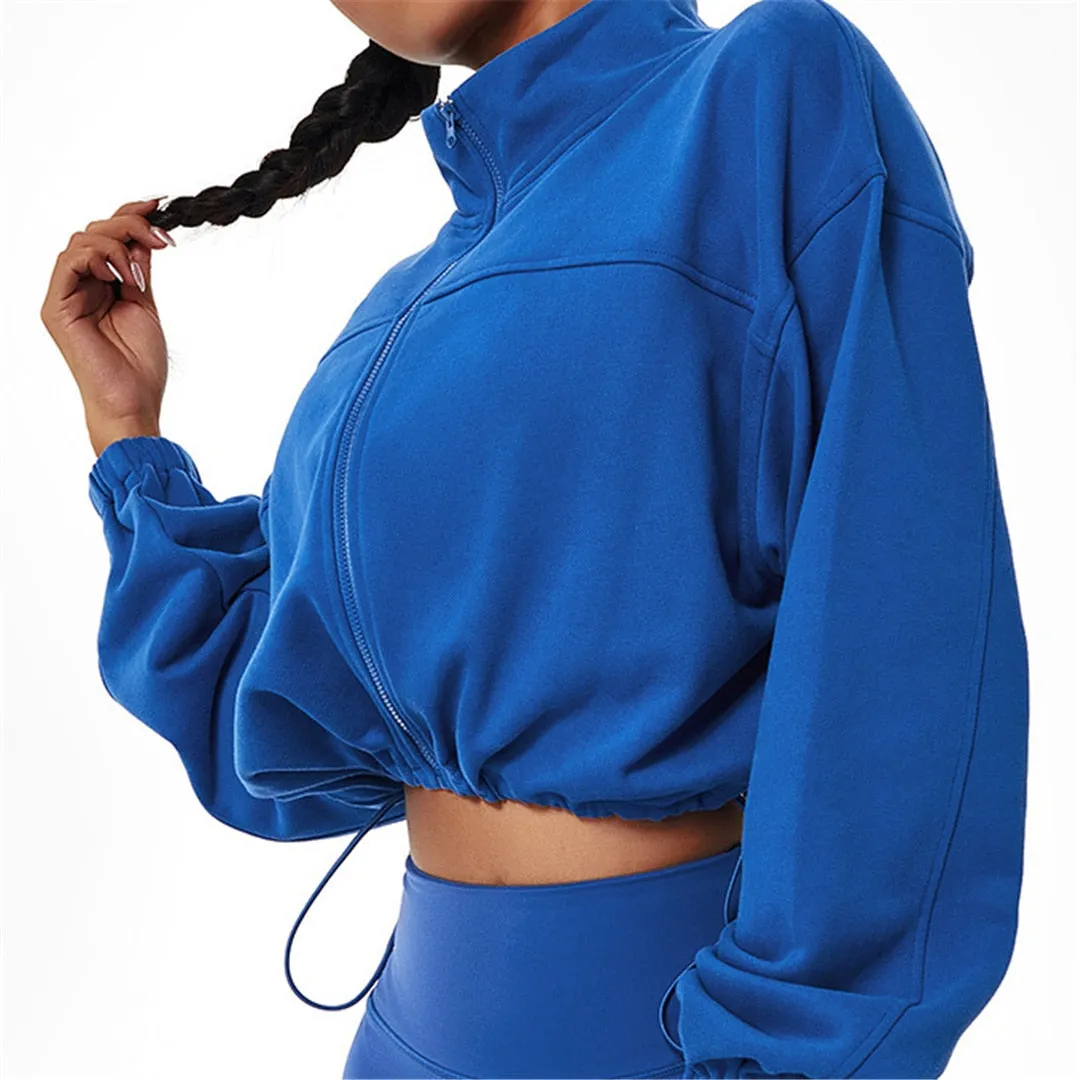 S - XL Long Sleeve Zipper Yoga Shirt Loose Casual Sweatshirt Autumn Coat Running Sports Top Female Drawstring Sportswear A076