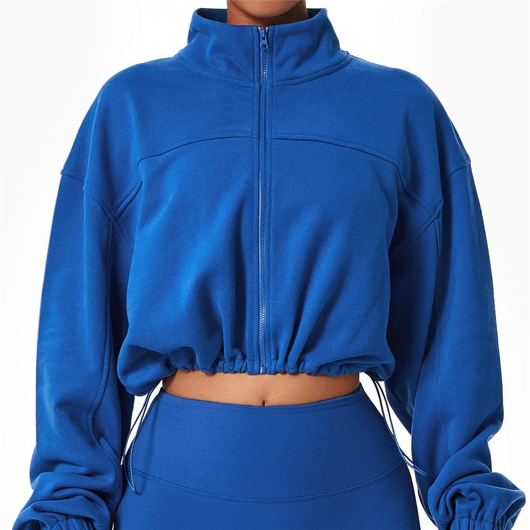 S - XL Long Sleeve Zipper Yoga Shirt Loose Casual Sweatshirt Autumn Coat Running Sports Top Female Drawstring Sportswear A076