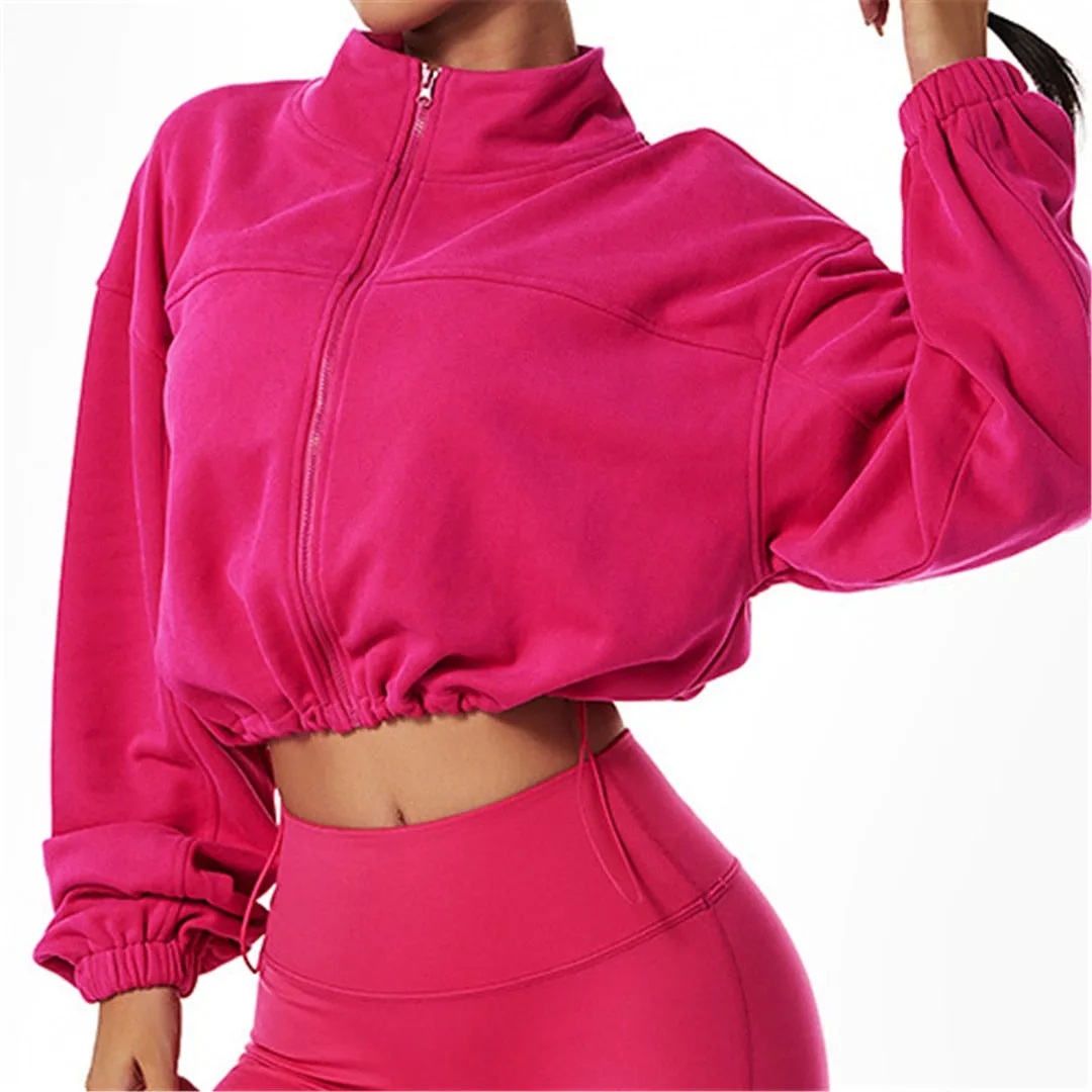 S - XL Long Sleeve Zipper Yoga Shirt Loose Casual Sweatshirt Autumn Coat Running Sports Top Female Drawstring Sportswear A076