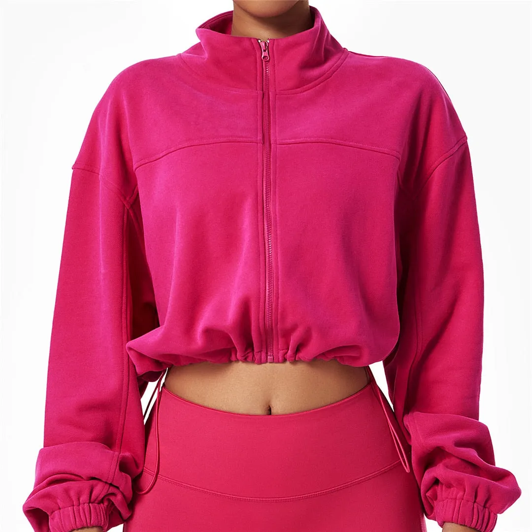 S - XL Long Sleeve Zipper Yoga Shirt Loose Casual Sweatshirt Autumn Coat Running Sports Top Female Drawstring Sportswear A076