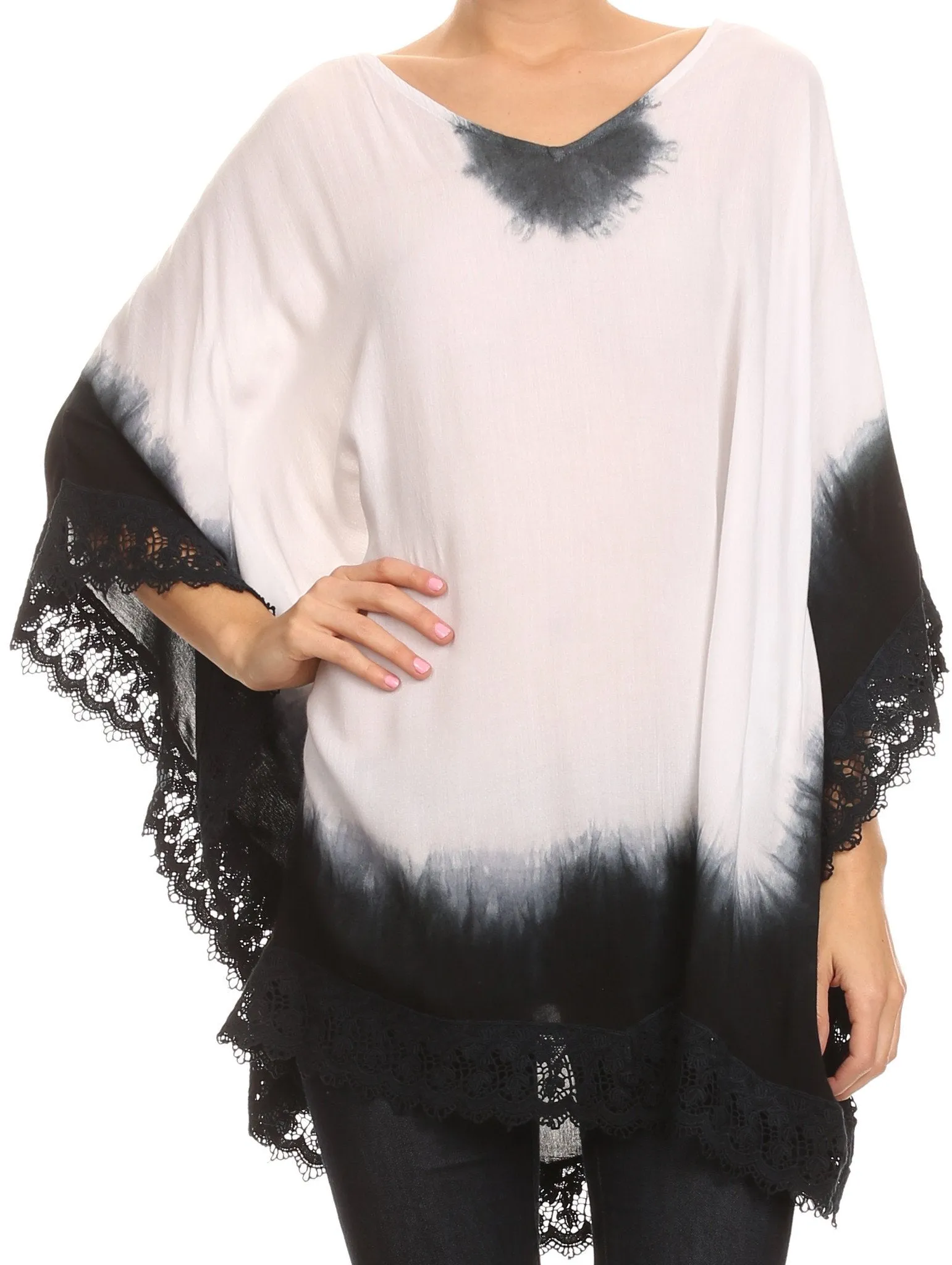 Sakkas Jix Long Embroidery Crochet Lace Tie Dye V Neck Poncho Blouse Shirt Top