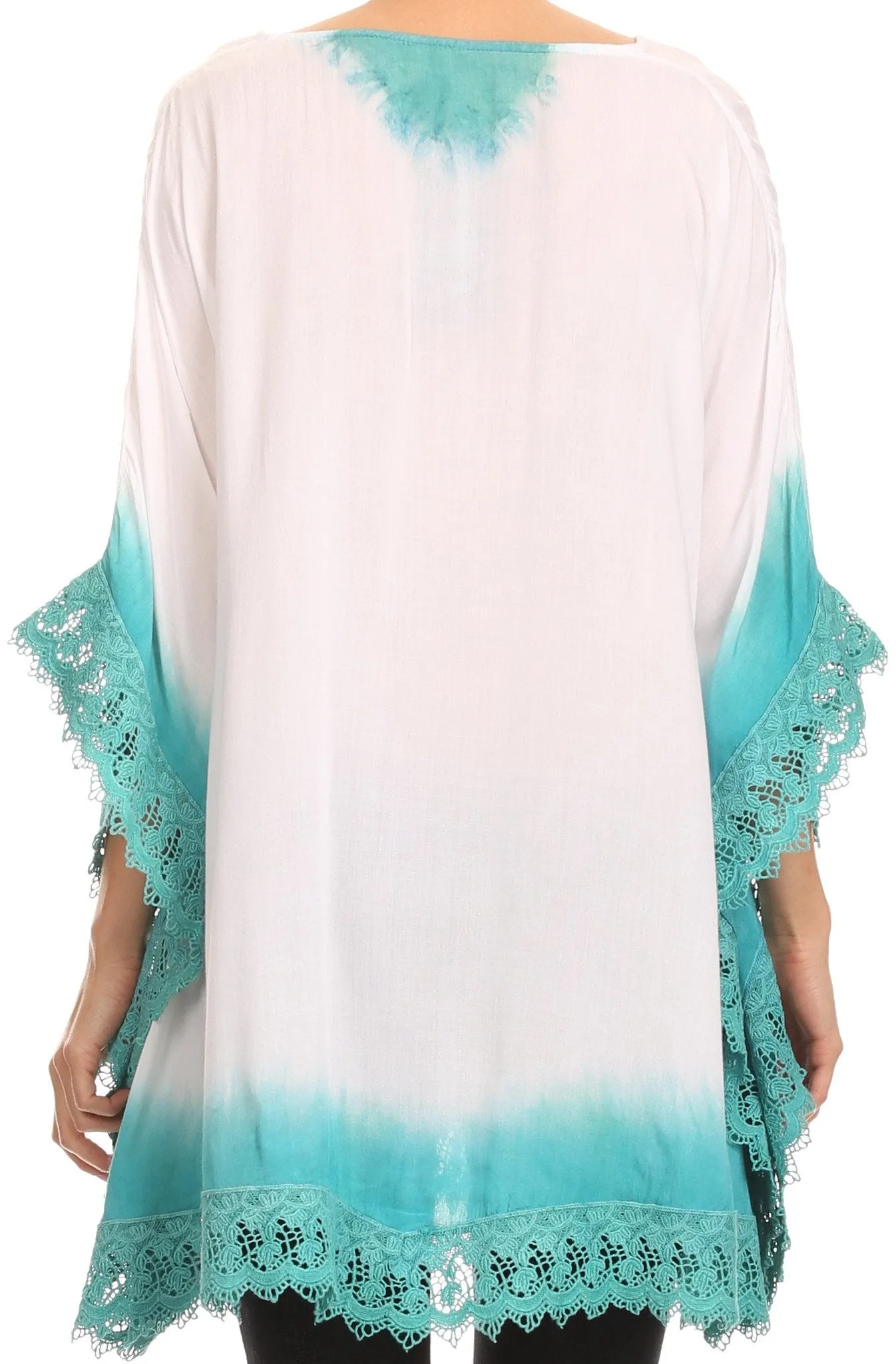 Sakkas Jix Long Embroidery Crochet Lace Tie Dye V Neck Poncho Blouse Shirt Top