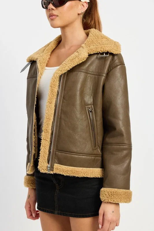 Shearling Vegan Leather Moto Jacket