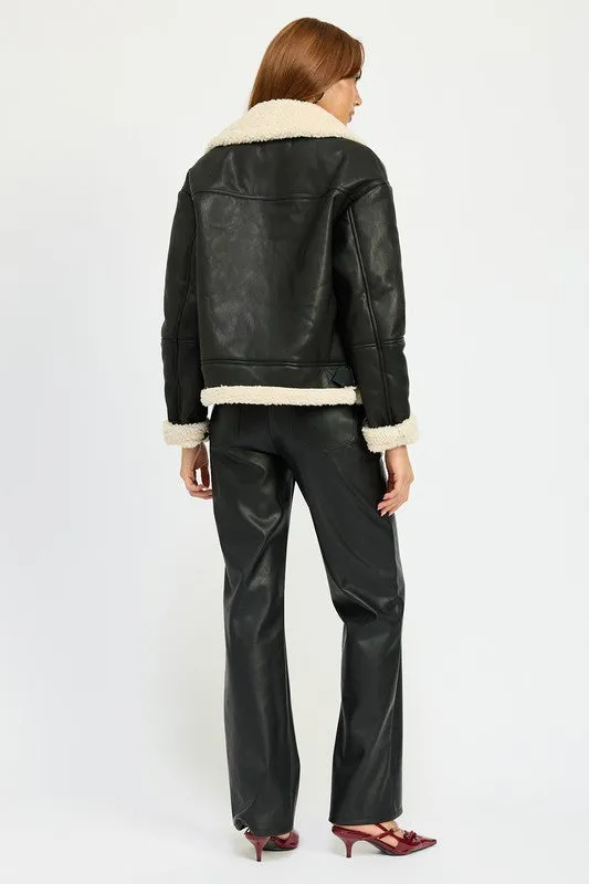 Shearling Vegan Leather Moto Jacket