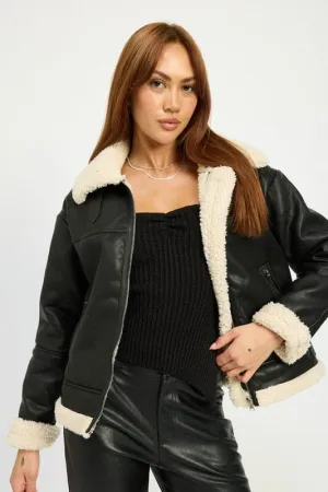 Shearling Vegan Leather Moto Jacket