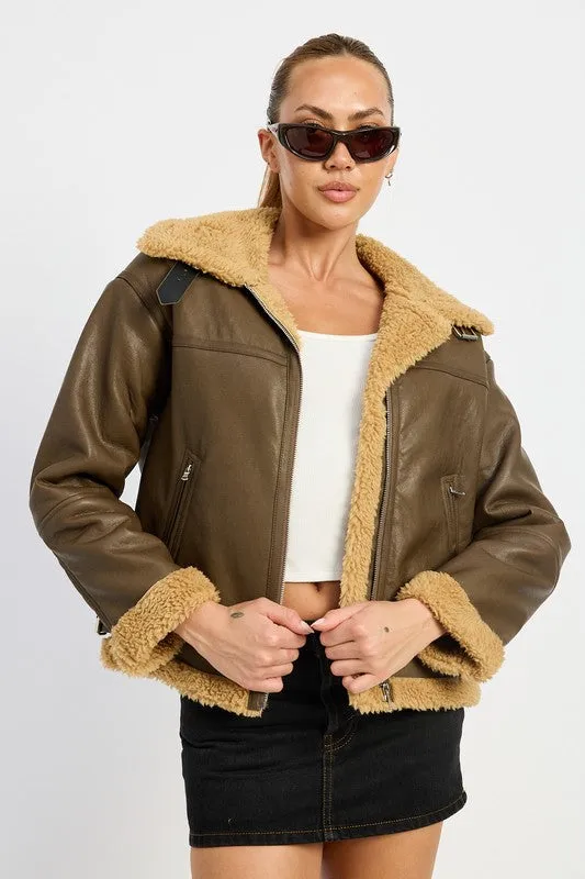 Shearling Vegan Leather Moto Jacket