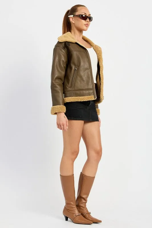 Shearling Vegan Leather Moto Jacket