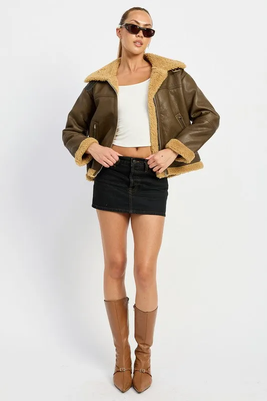 Shearling Vegan Leather Moto Jacket