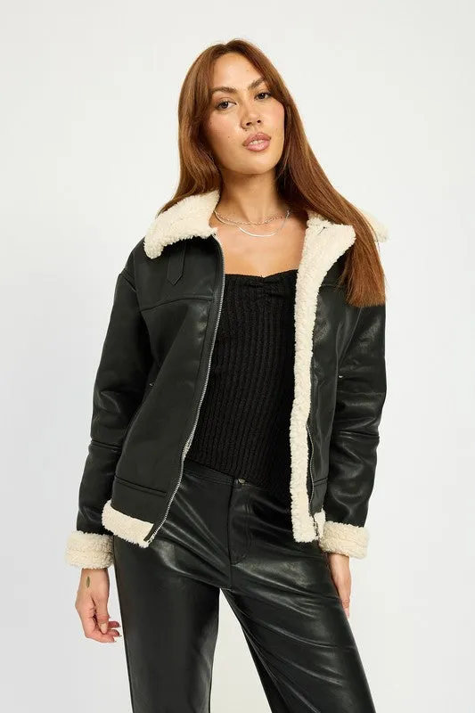 Shearling Vegan Leather Moto Jacket