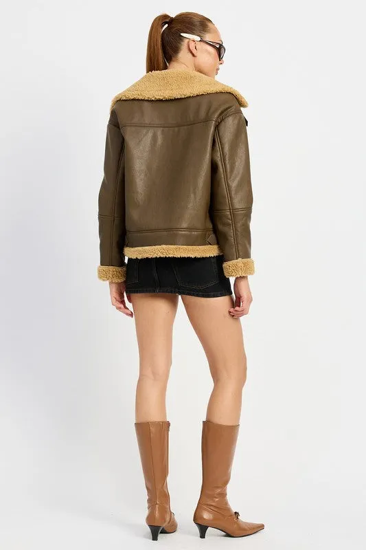 Shearling Vegan Leather Moto Jacket