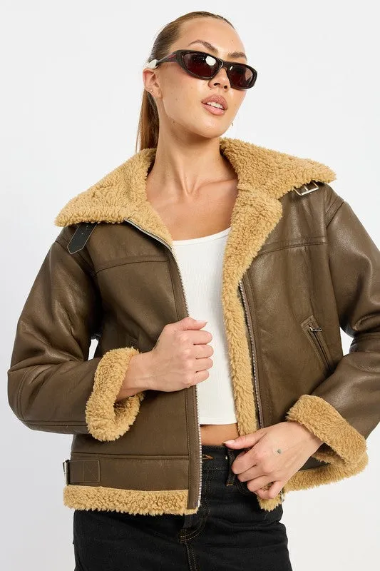 Shearling Vegan Leather Moto Jacket