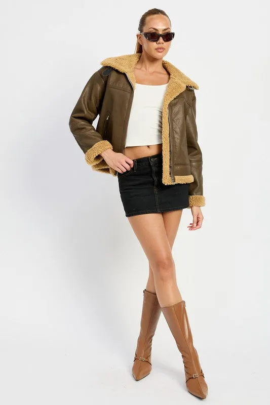 Shearling Vegan Leather Moto Jacket