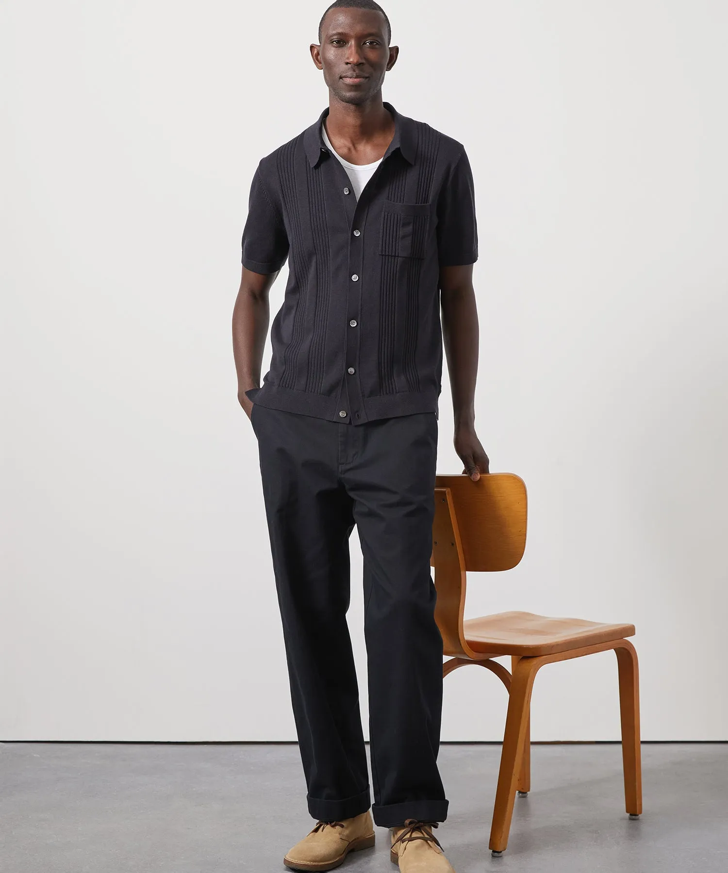 Silk Cotton Ribbed Full Placket Polo in Black