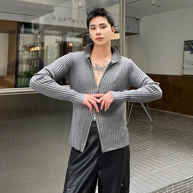 Slim Men's Knitted Sweater Coat Double Pull Zipper Open Sweatshirts Korean Solid Color Casual Cardigan Autumn 9C2029