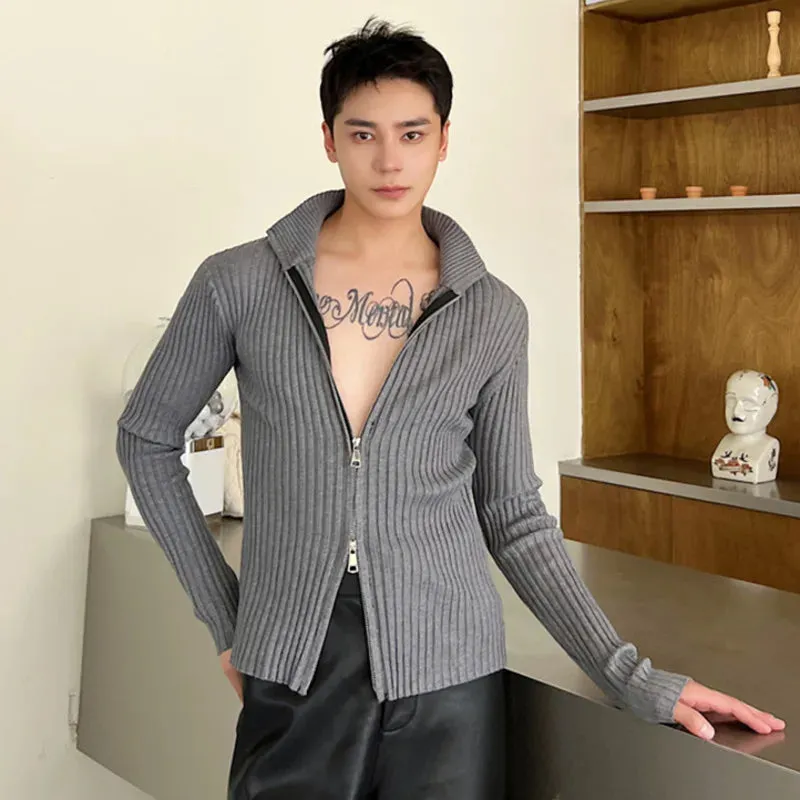 Slim Men's Knitted Sweater Coat Double Pull Zipper Open Sweatshirts Korean Solid Color Casual Cardigan Autumn 9C2029