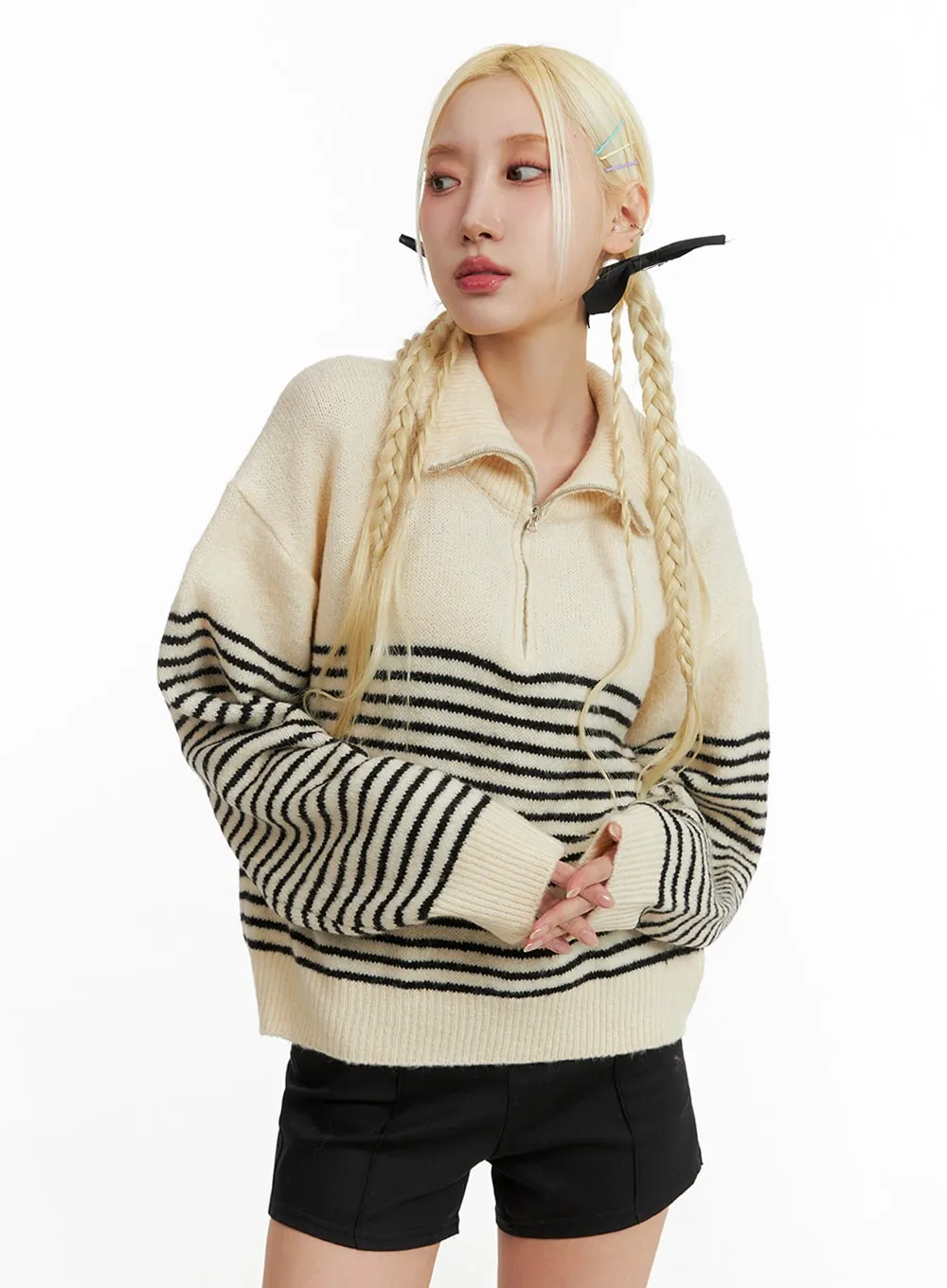 Striped Collar Knit Polo Top IF408