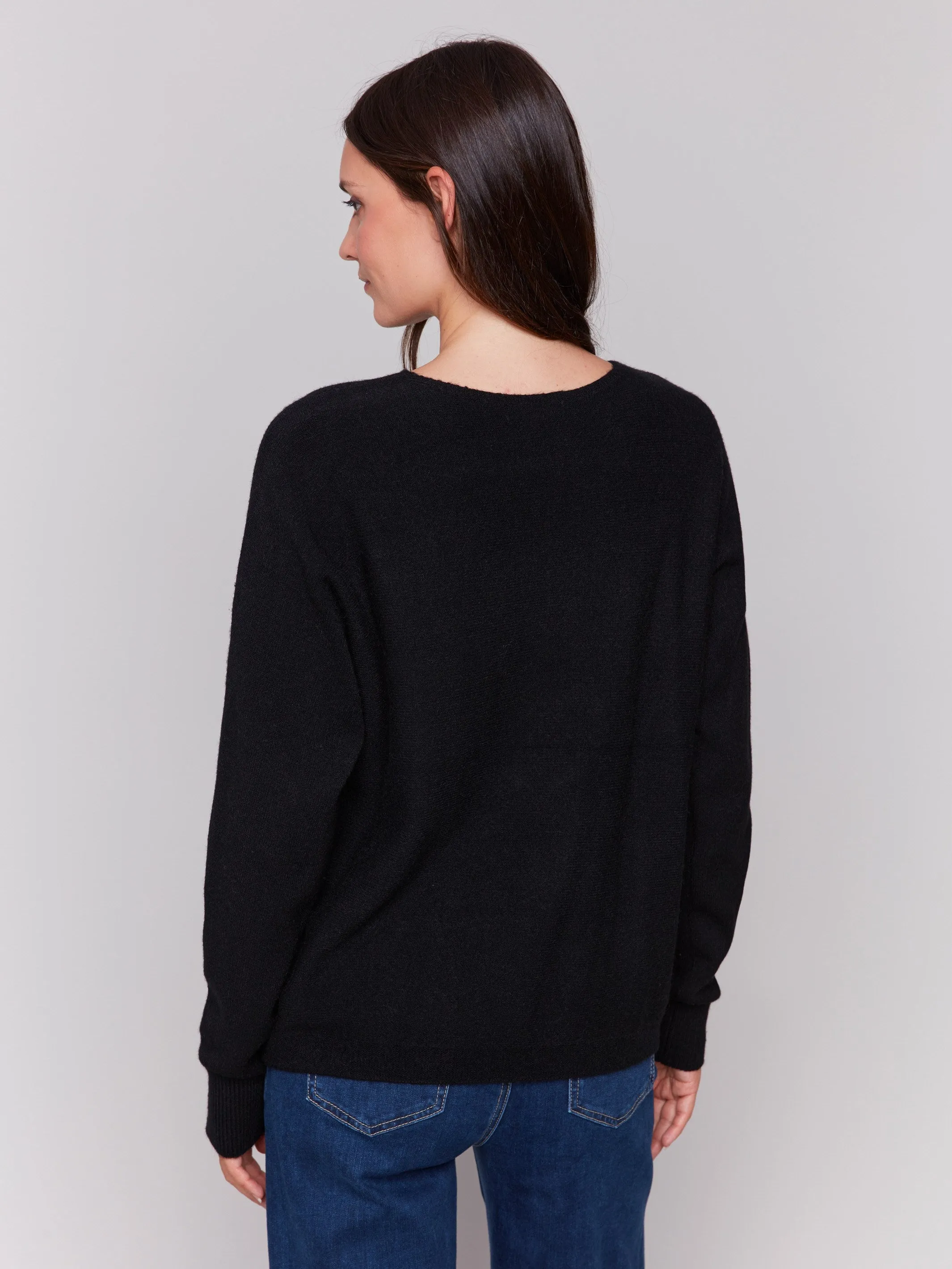 Sweater with Fringed Embroidery - Black