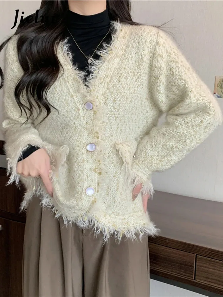 Tassel Knitted Women's Sweater Autumn Winter Korean New Chic Female Cardigan Coat Woman Beige Sweaters Single-breasted