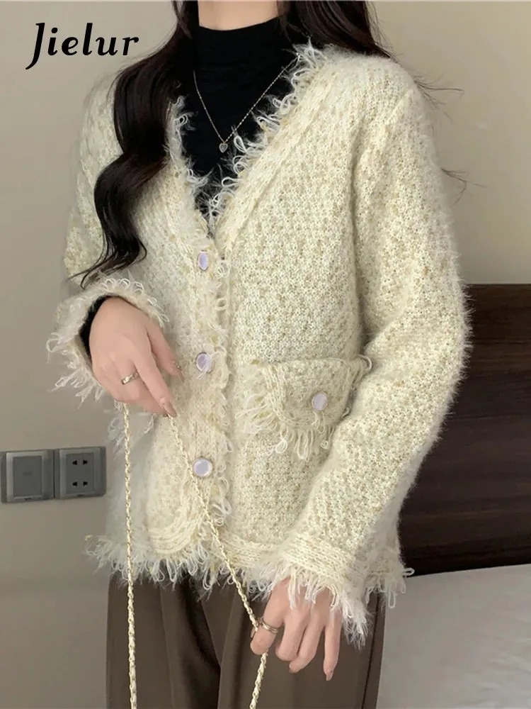 Tassel Knitted Women's Sweater Autumn Winter Korean New Chic Female Cardigan Coat Woman Beige Sweaters Single-breasted