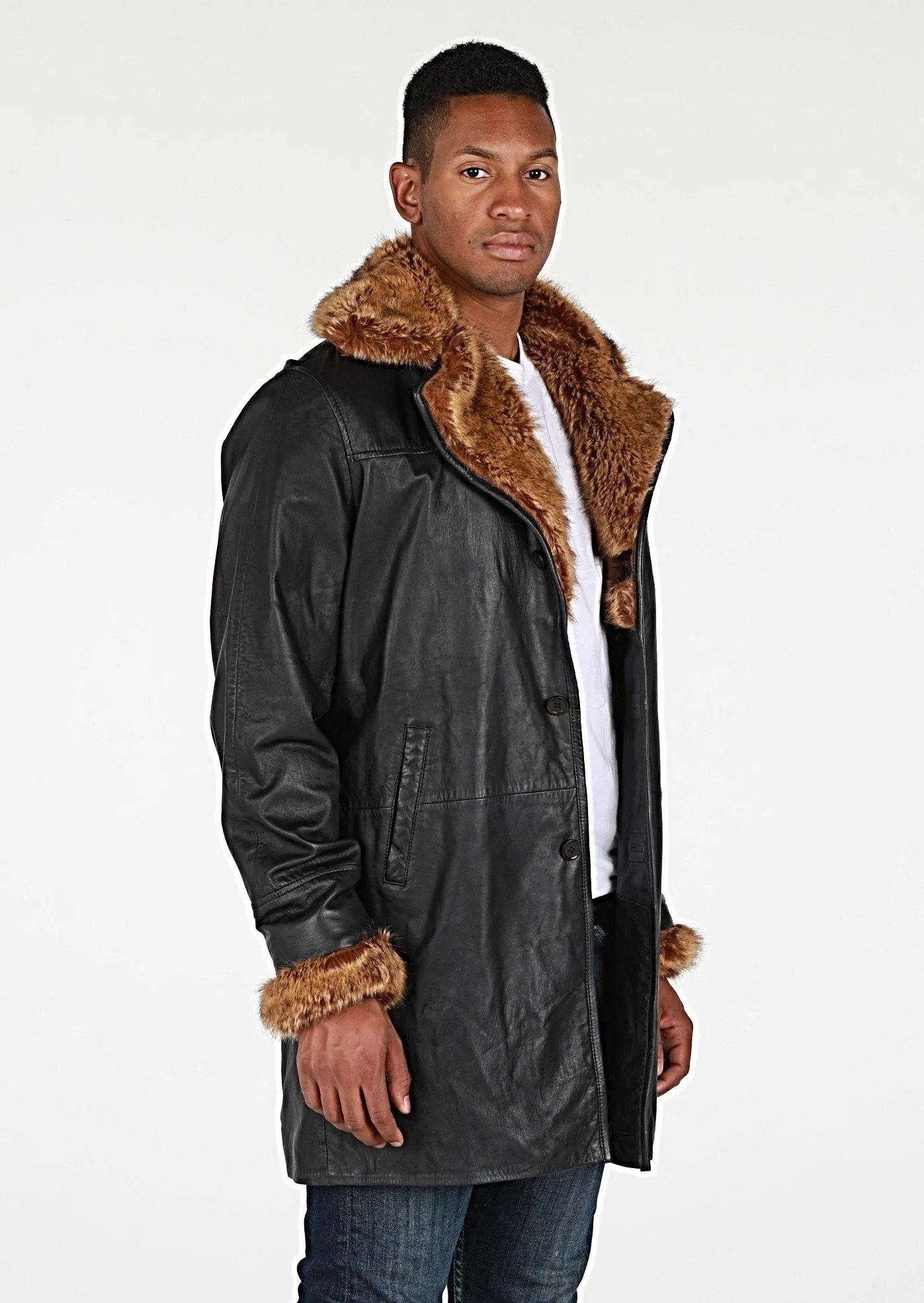 Ulman Mens Winter Leather Coat w/Faux Fur - Clearance