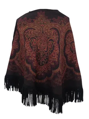 Vintage 80s Hippie Bohemian Art Nouveau Abstract Paisley Patterned Pullover Fringed Poncho Shawl | Size XS-S