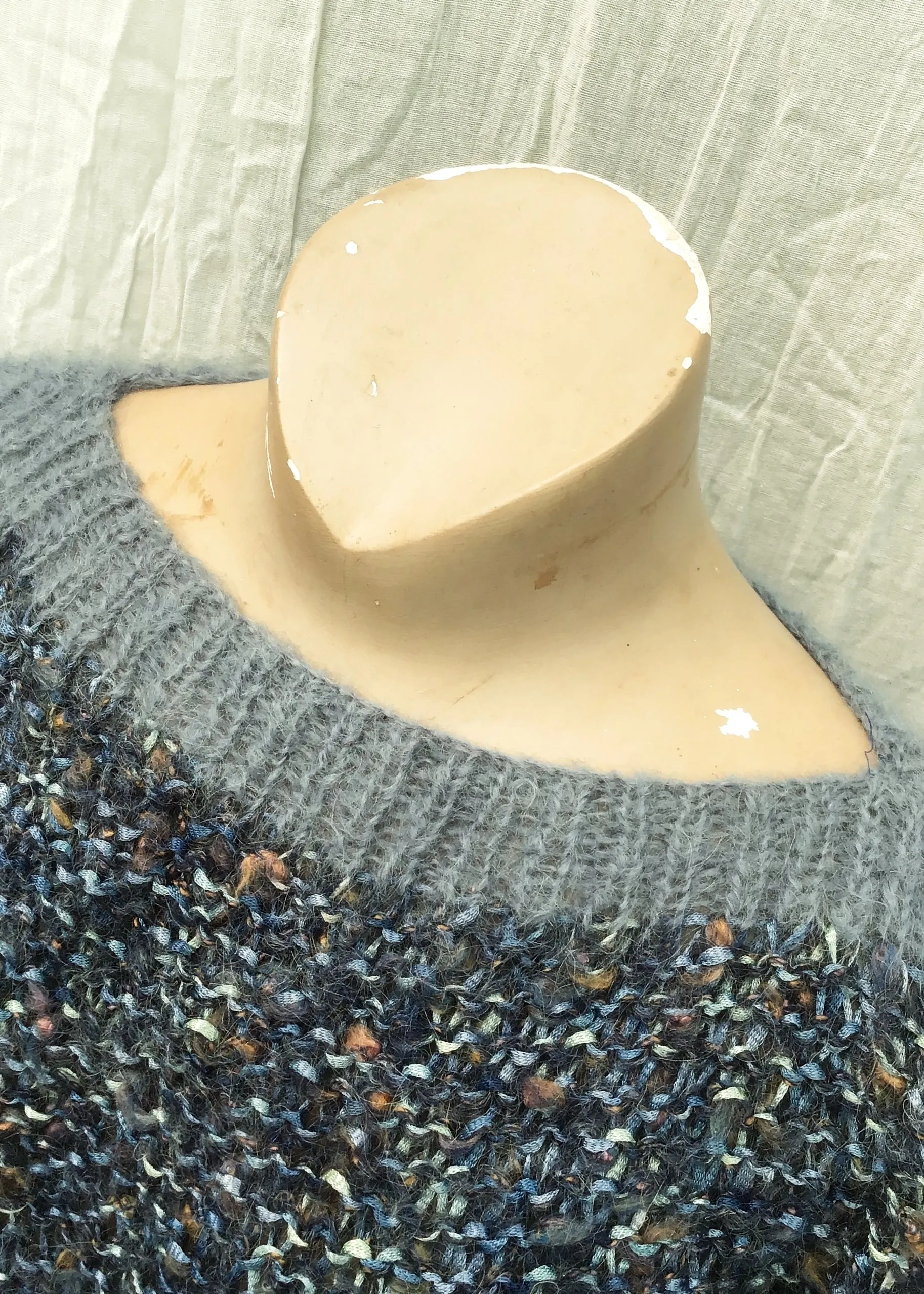 Vintage 80s Oversized Grey Blue Hand Knit Mohair Ribbon Jumper